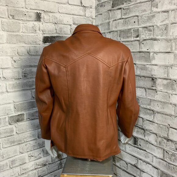 Vintage 70s Camel Faux Leather Shirt Jacket Retro Disco Collar Coat Shacket - Picture 5 of 13